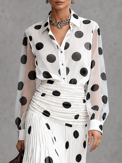 Long Sleeves Loose Buttoned Polka-Dot Printed Lapel Blouses&Shirts Tops