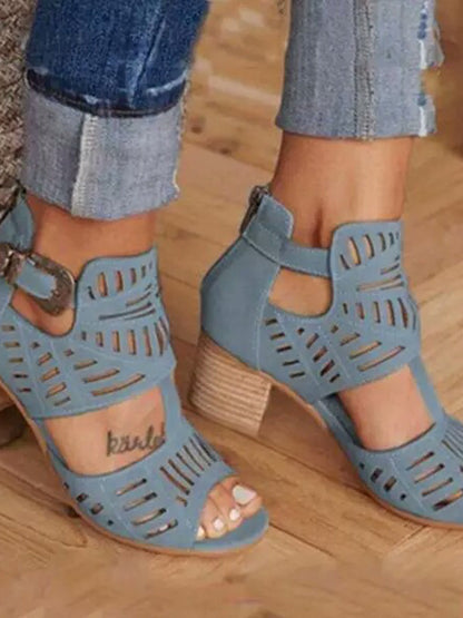 Solid Color Hollow Open Toe Buckle Pumps Sandals