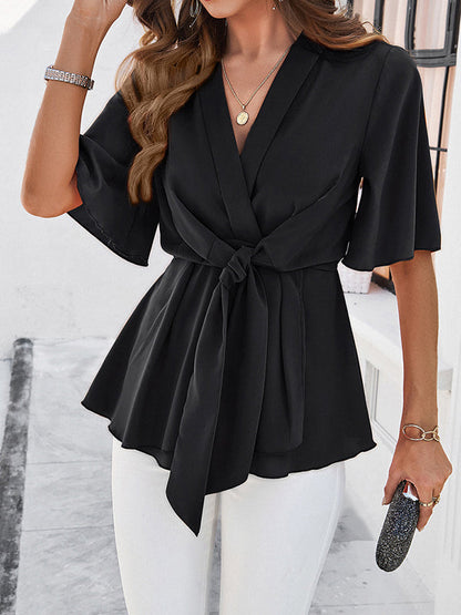 Ausgestellte Ärmel Halbe Ärmel Einfarbig Gebunden V-Ausschnitt Blusen &amp; Hemden Tops 