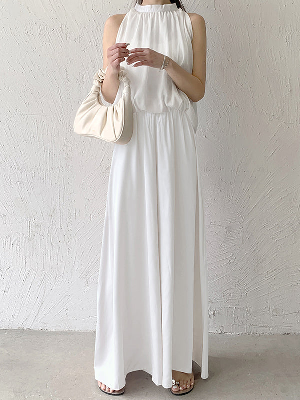 Pantalon culotte taille haute ample et élastique plissé de couleur unie 