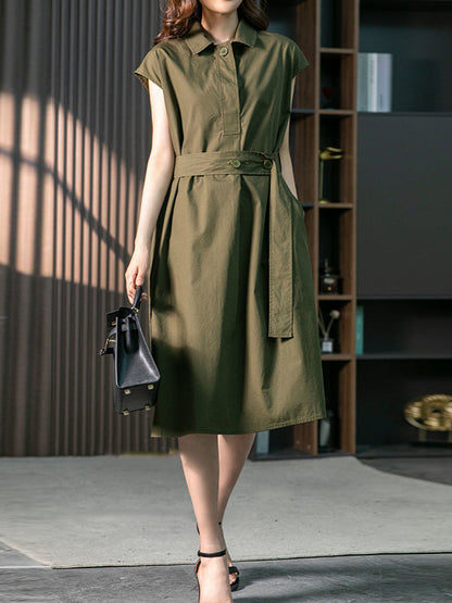 Plus Size Short Sleeves Bandage Solid Color Lapel Midi Dresses