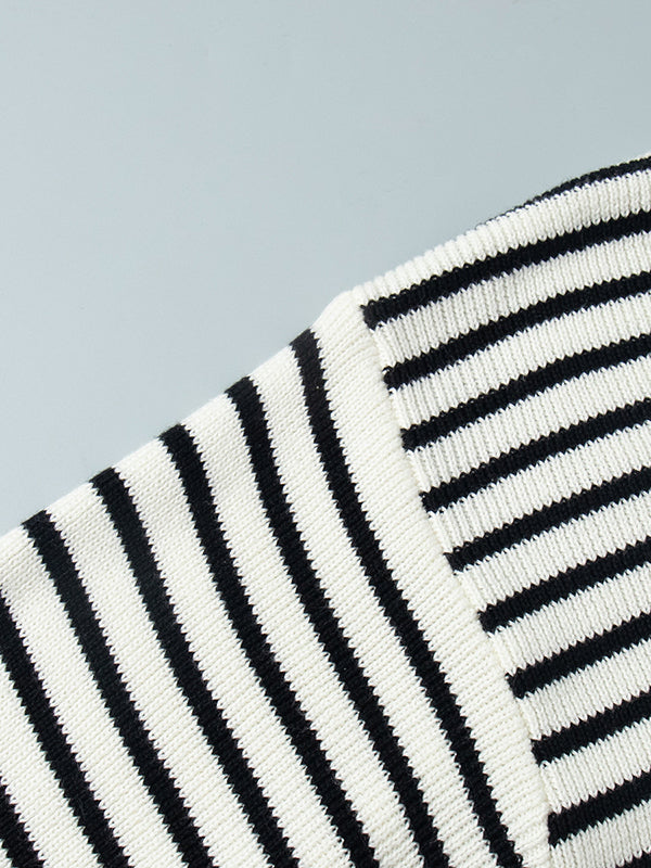 Long Sleeves Loose Split-Joint Striped Lapel Sweater Tops