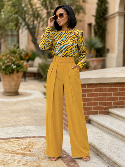 Wave Print Tiger Printed Contrast Color Long Sleeves Round-neck Blouses&shirts Tops