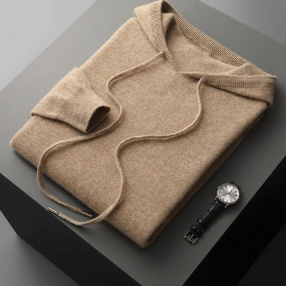 Men Merino Wool Hoodie | Casual Knitted Pullover Sweater | Hooded Collar camel