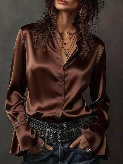 Flared Sleeves Long Sleeves Buttoned Elasticity Solid Color Lapel Blouses&Shirts Tops