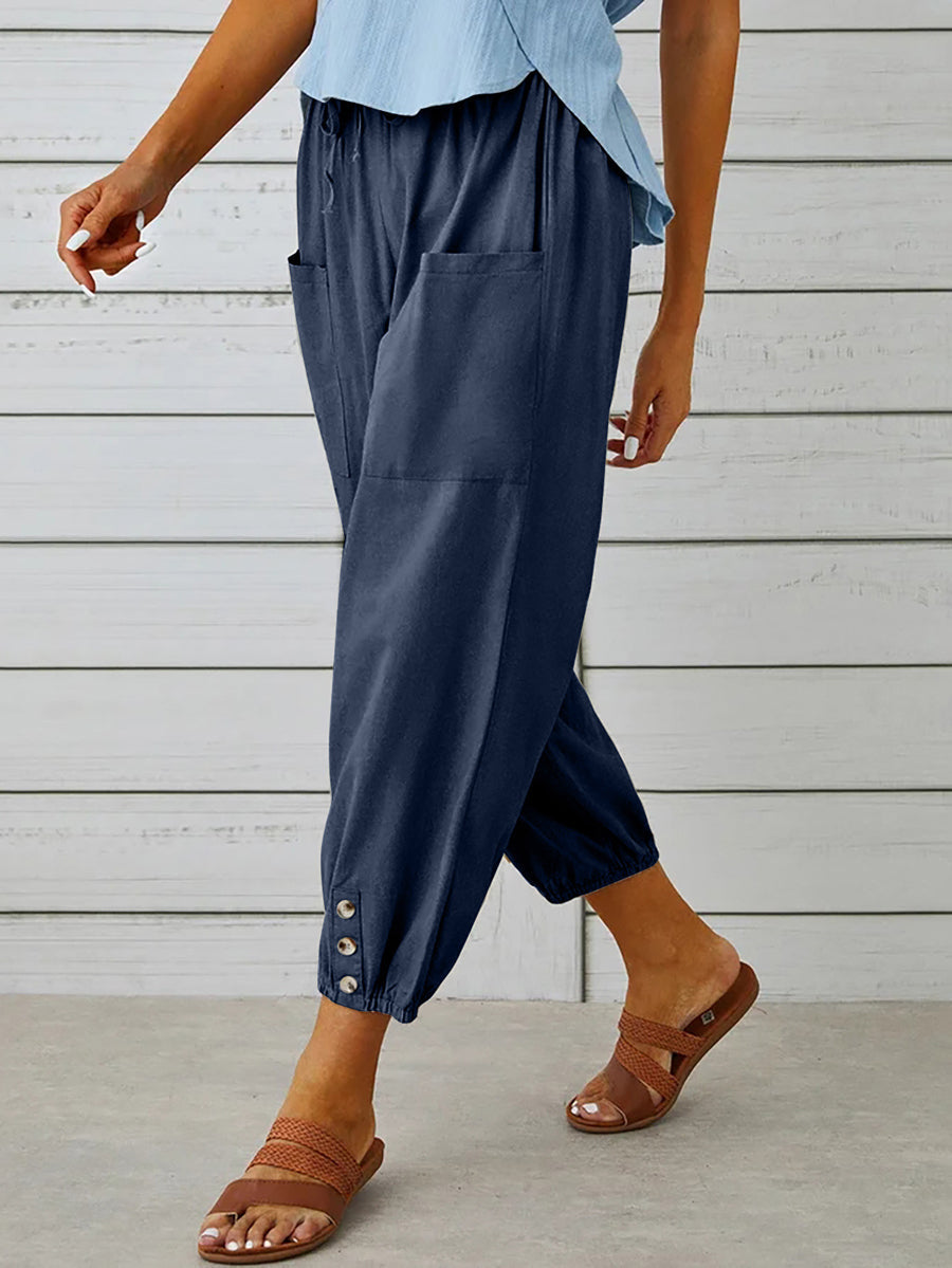 Solid Color Pockets Elasticity Drawstring Buttoned Plus Size High Waisted Trousers Ninth Pants