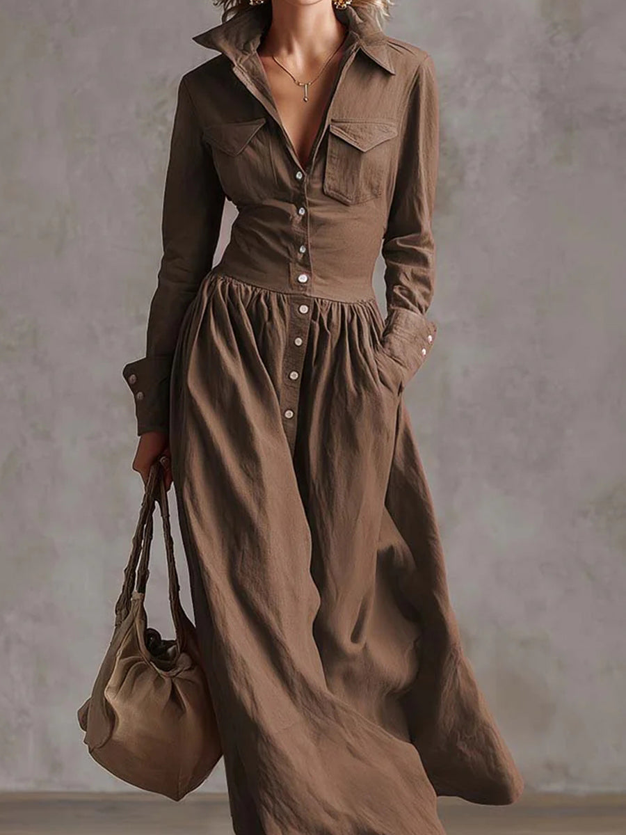 High Waisted Long Sleeves Buttoned Pleated Pockets Solid Color Split-Joint Lapel Maxi Dresses