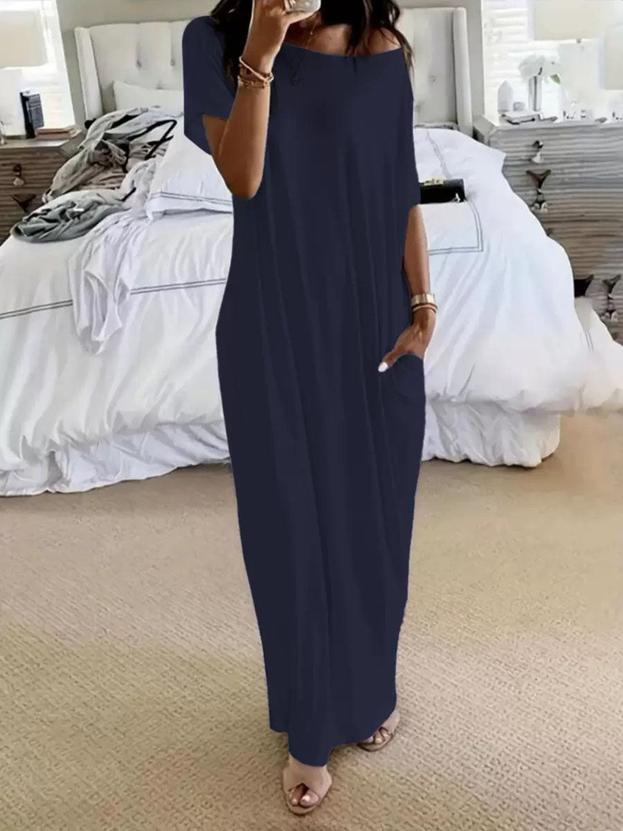 Solid Color Pockets Short Sleeves Plus Size One-shoulder Maxi Dresses