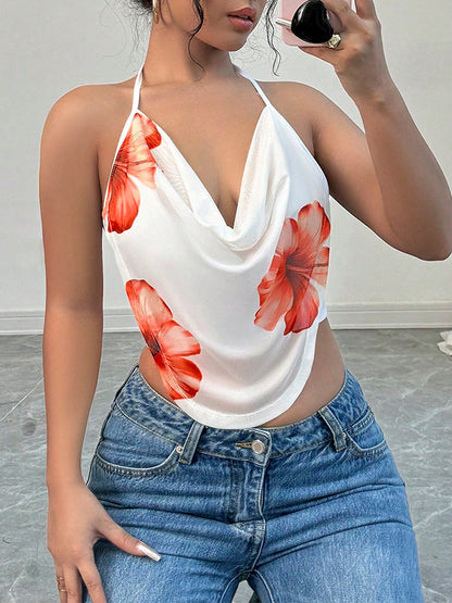 Sleeveless Flower Print Halter-Neck Vest Top