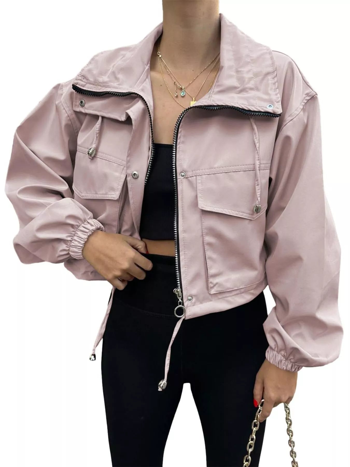 Crop Drawstring Hem Zip Up Jacket
