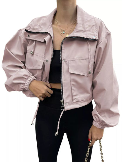 Crop Drawstring Hem Zip Up Jacket