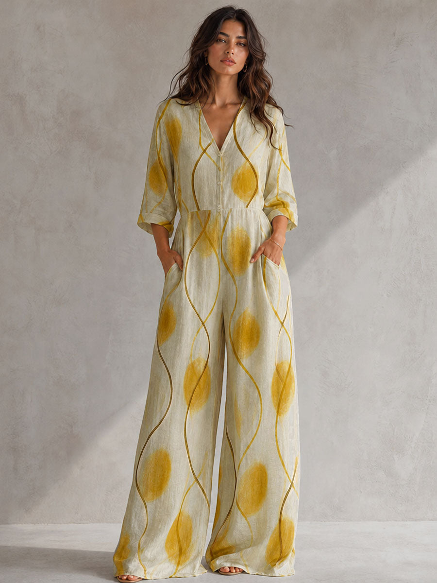 Wave Print Pockets Elasticity Contrast Color Buttoned Wide Leg Three-quarter Sleeves V-neck Jumpsuits