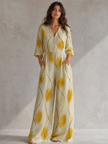 Wave Print Pockets Elasticity Contrast Color Buttoned Wide Leg Three-quarter Sleeves V-neck Jumpsuits