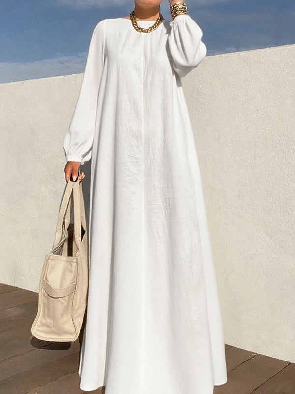 Long Sleeves Loose Pleated Solid Color Zipper Round-Neck Maxi Dresses