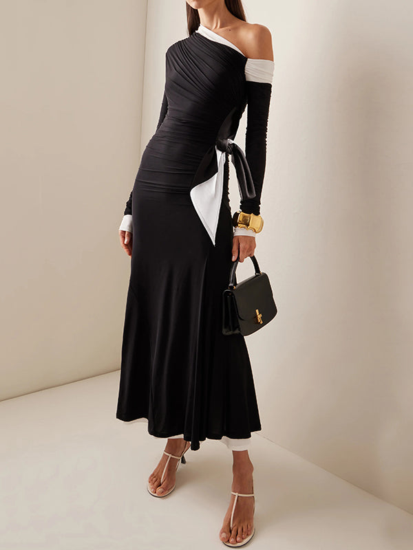 Long Sleeves Asymmetric Contrast Color Pleated Split-Joint One-Shoulder Evening Dresses Maxi Dresses