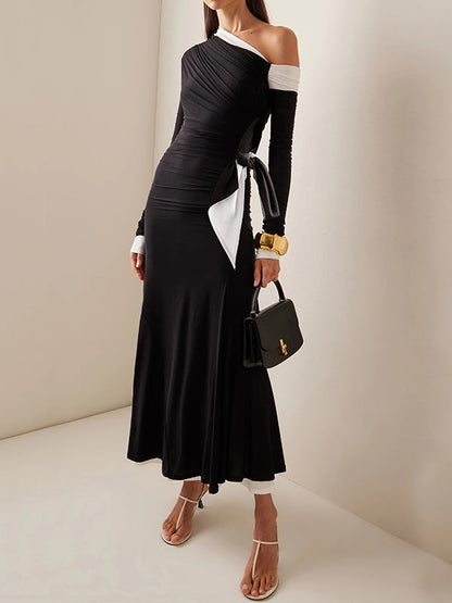 Long Sleeves Asymmetric Contrast Color Pleated Split-Joint One-Shoulder Evening Dresses Maxi Dresses