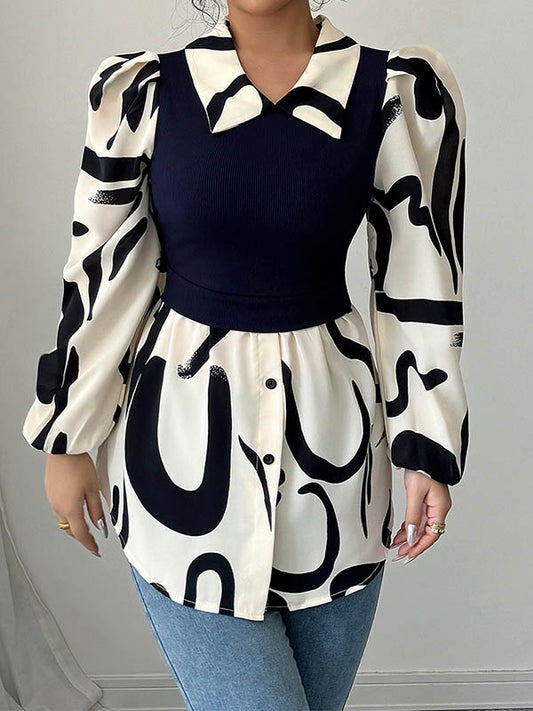 Long Sleeves Loose Buttoned Contrast Color Pleated Split-Joint Lapel Blouses&Shirts Tops