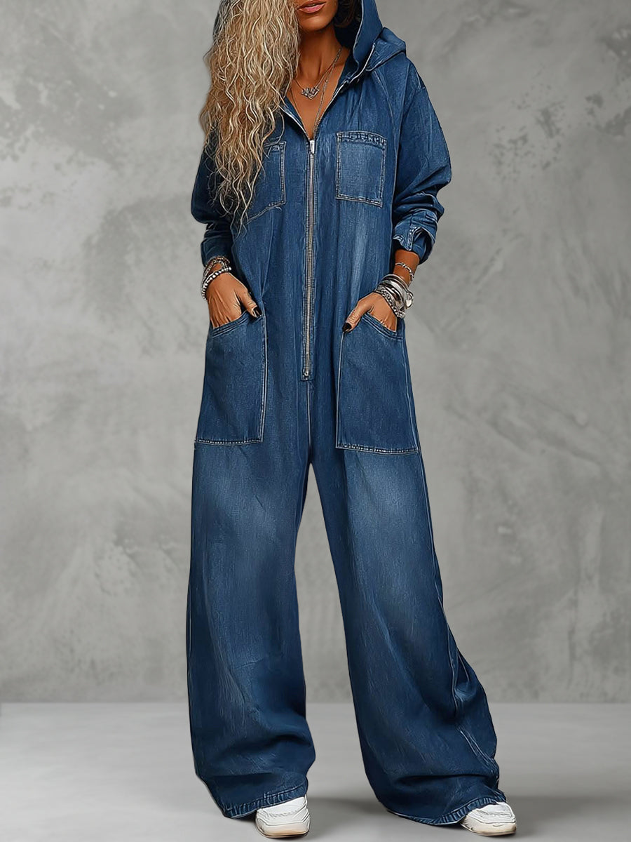 Zipper Split-Joint Pockets Loose Long Sleeves Hooded Jumpsuits