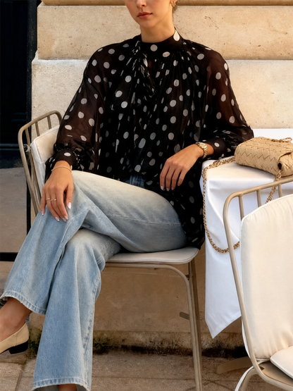 Tied See-Through Polka-Dot Contrast Color Puff Sleeves Loose Round-neck Blouses&shirts Tops