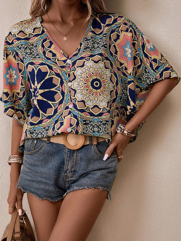 Batwing Sleeves Loose Buttoned Flower Print V-Neck Blouses&Shirts Tops