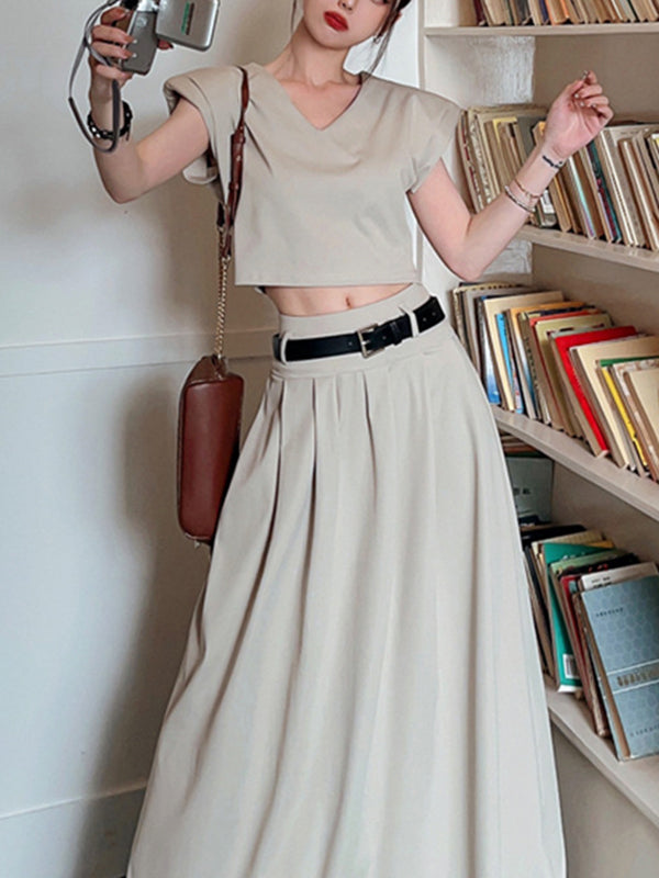 A-Line High Waisted Belted Pleated Solid Color Skirts Bottoms