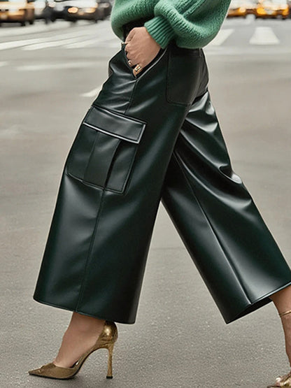 High Waisted Loose Pockets Solid Color Split-Joint Pants Trousers