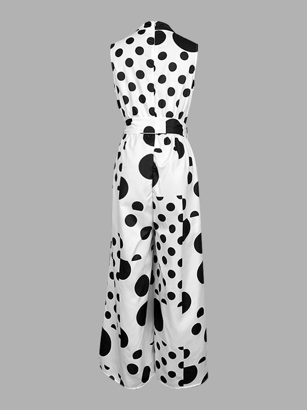 High Waisted Sleeveless Polka-Dot Mock Neck Jumpsuits