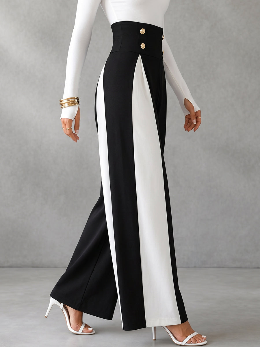 High Waisted Wide Leg Buttoned Contrast Color Split-Joint Pants Trousers