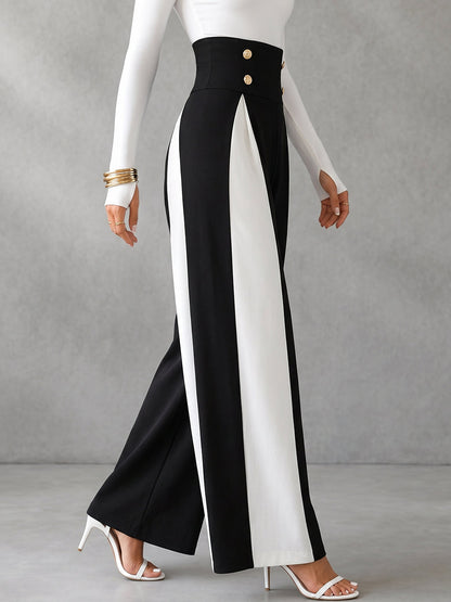 High Waisted Wide Leg Buttoned Contrast Color Split-Joint Pants Trousers