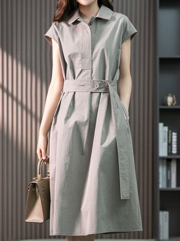 Plus Size Short Sleeves Bandage Solid Color Lapel Midi Dresses