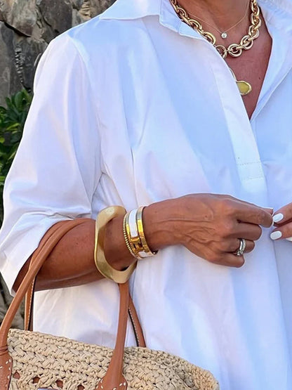 Half Sleeves Loose Solid Color Lapel Mini Dresses