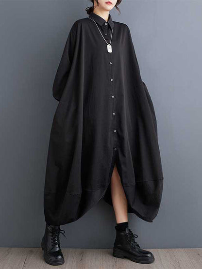 A-Line Long Sleeves Buttoned Pockets Solid Color Split-Joint Lapel Midi Dresses Shirt Dress