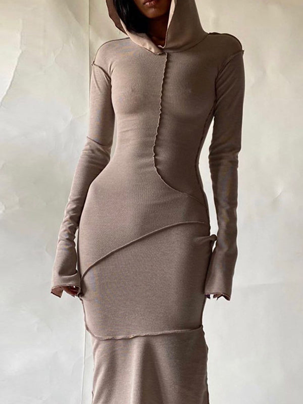 Robe longue fendue à capuche et manches longues, grande taille, couleur unie 