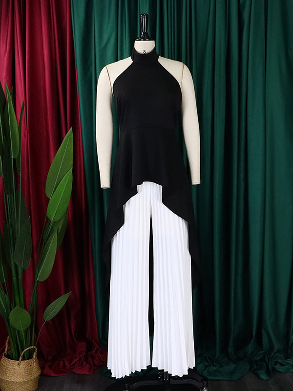 Ensemble deux pièces haut court et pantalon taille haute en dentelle à dos nu et col licou 