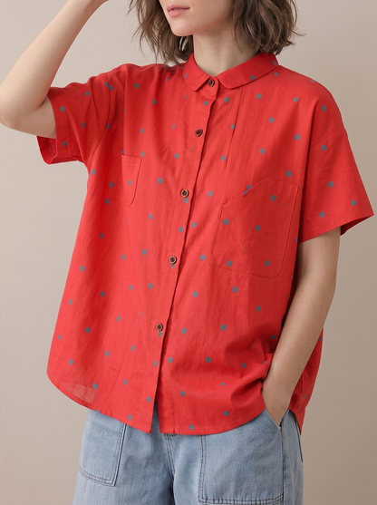 Loose Plus Size Buttoned Contrast Color Pockets Polka Dot Lapel Blouses&Shirts Tops