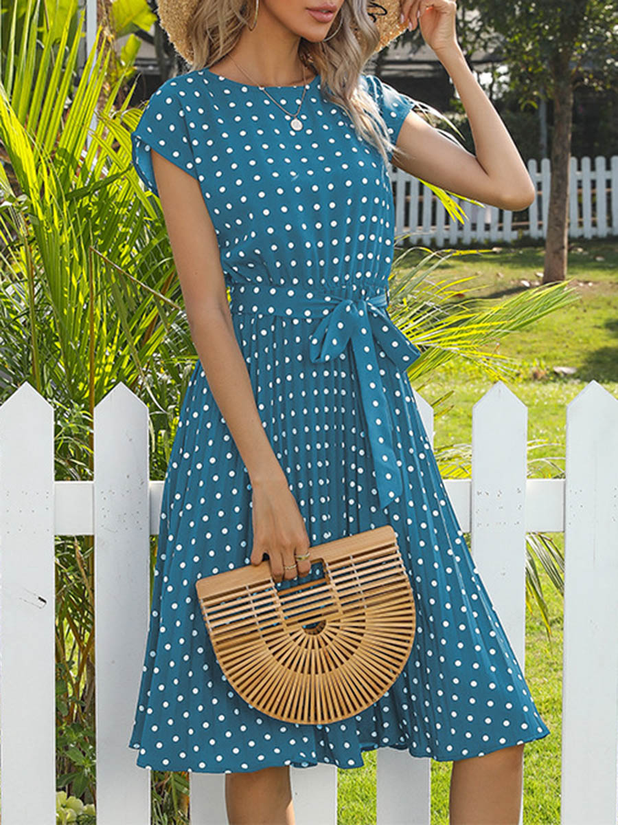 A-Line Cap Sleeve Buttoned Contrast Color Pleated Polka-Dot Split-Joint Tied Waist Round-Neck Midi Dresses