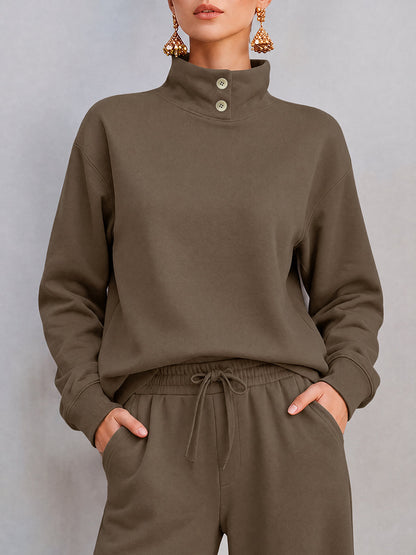Solid Color Buttoned Loose Long Sleeves Stand Collar Sweatshirt Tops