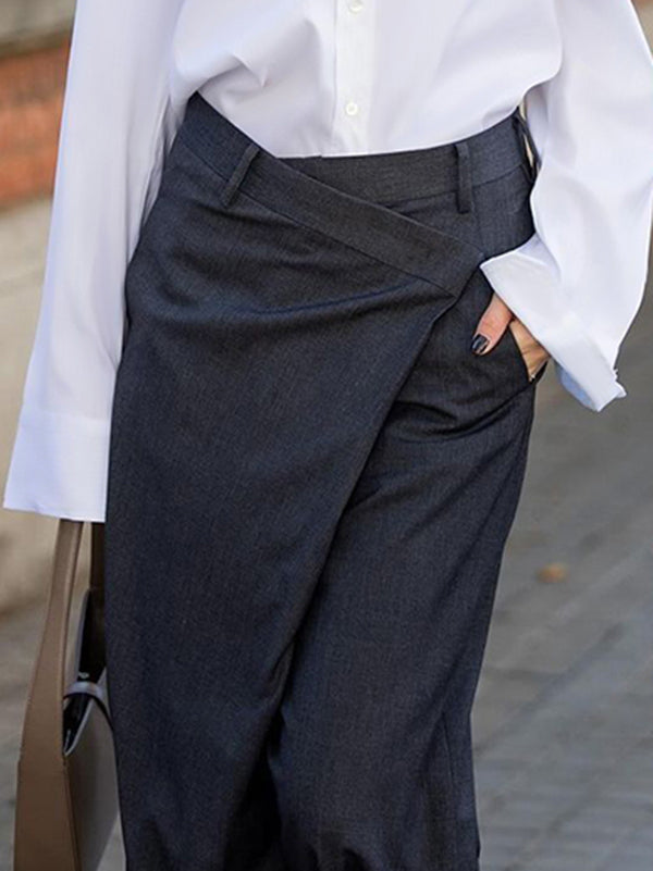 Pantalon de costume taille haute ample asymétrique de couleur unie à fentes 