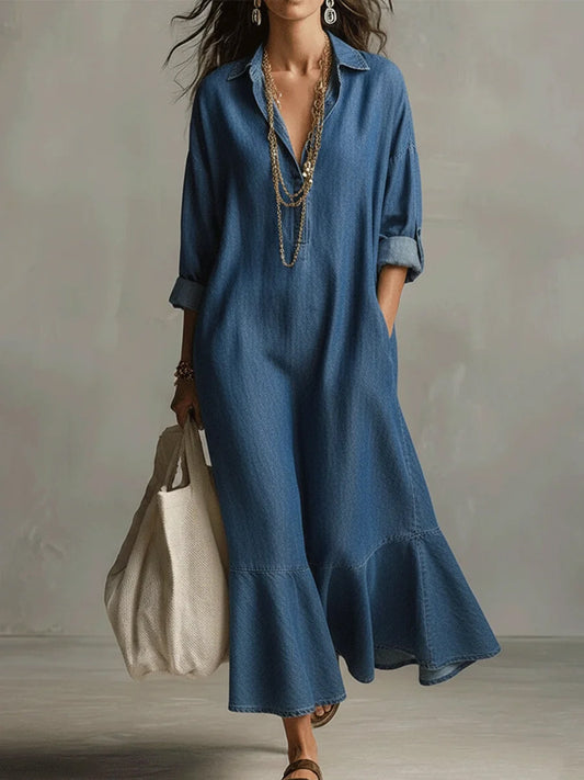 Long Sleeves Loose Buttoned Pockets Solid Color Split-Joint Lapel Maxi Dresses