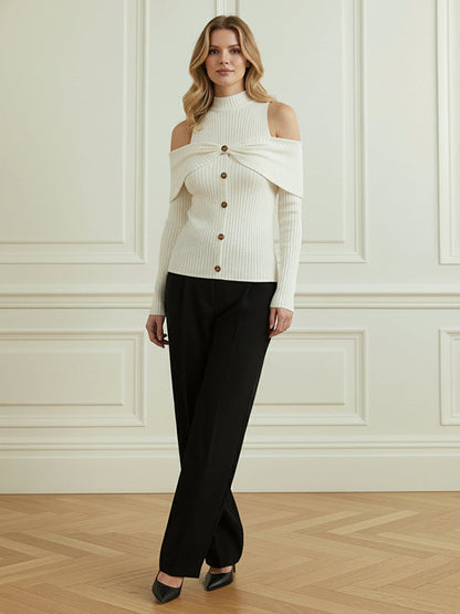 Long Sleeves Skinny Buttoned Pleated Ribbed Knit Cold Shoulder Knit Top