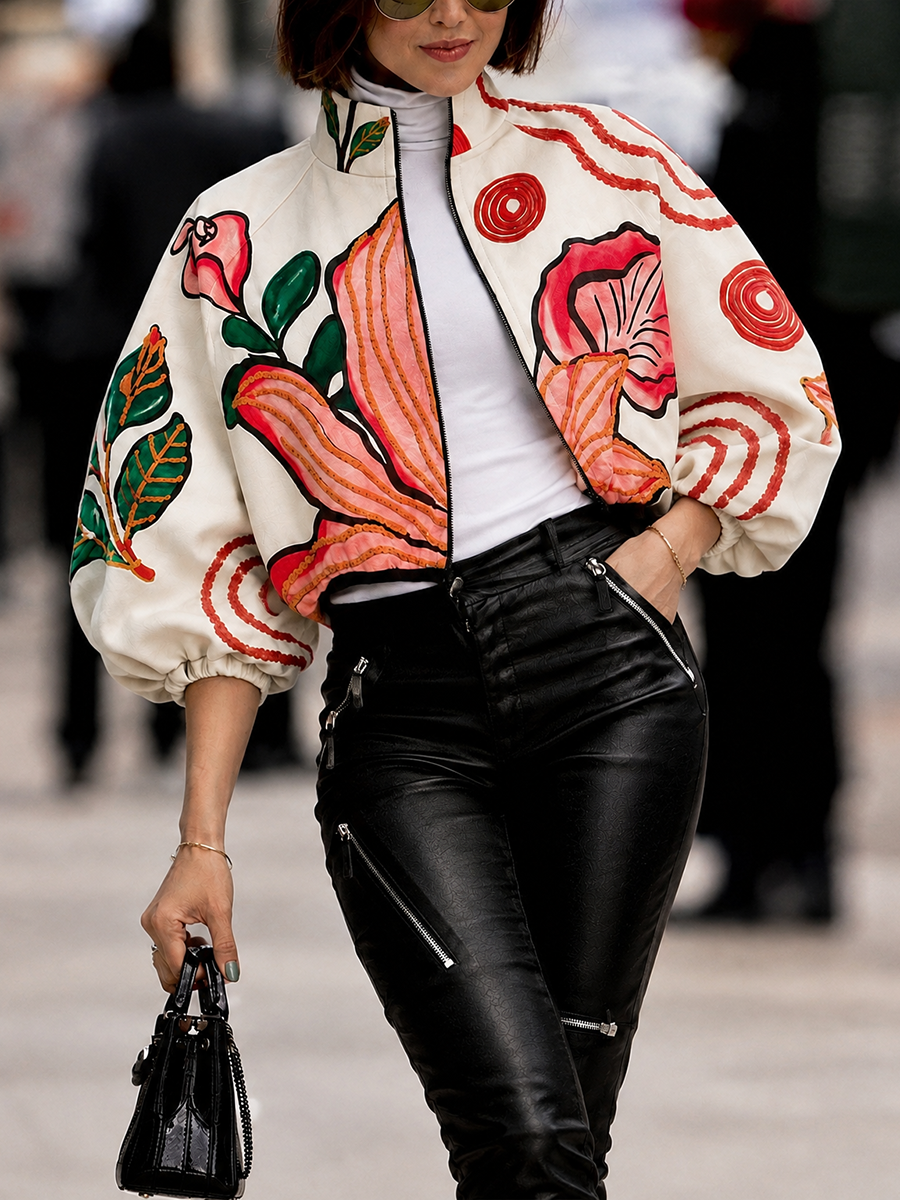 Zipper Leaves Print Flower Print Elasticity Contrast Color Three-quarter Sleeves Puff Sleeves Stand Collar Outerwear Jackets