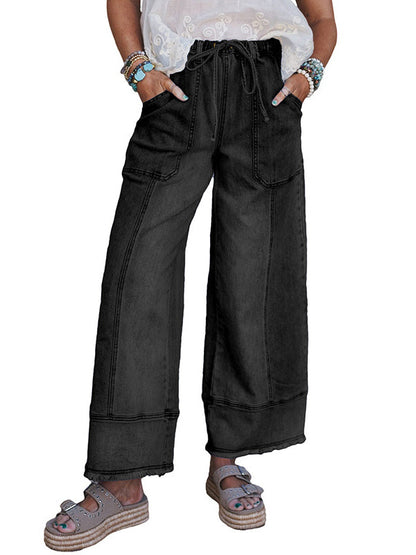 High Waisted Loose Drawstring Fringed Pockets Solid Color Jean Pants Bottoms