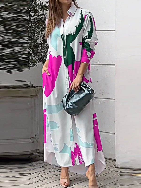 Lockeres, gewickeltes Hemdkleid mit Knöpfen, kontrastfarbenen Taschen, bedrucktem Schlitz an der Seite 
