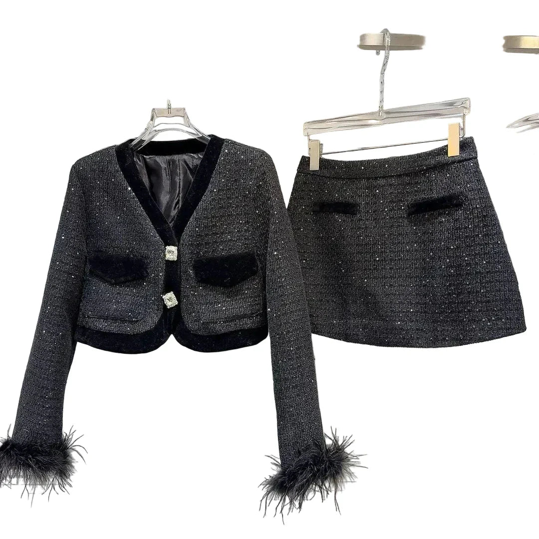 TIRSA Elegant Tweed Two-Piece Skirt Set | Chic Women’s Set BLACK