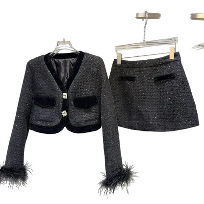 TIRSA Elegant Tweed Two-Piece Skirt Set | Chic Women’s Set BLACK