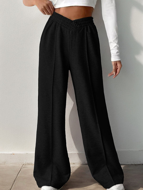 High Waisted Loose Elasticity Solid Color Pants Trousers BLACK