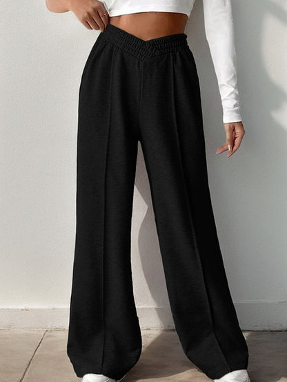 High Waisted Loose Elasticity Solid Color Pants Trousers BLACK