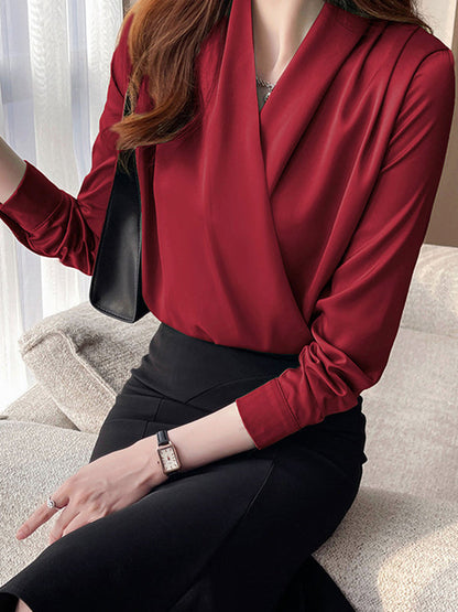 Long Sleeves Loose Buttoned Solid Color V-Neck Blouses&Shirts Tops