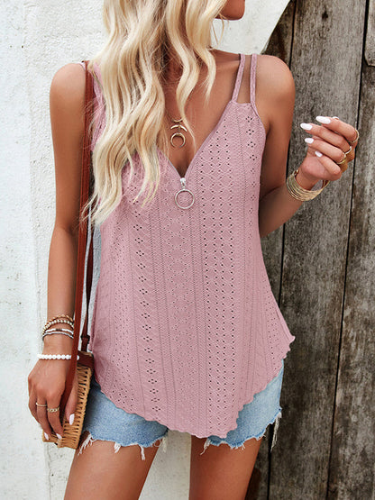 Haut sans manches ample en jacquard de couleur unie avec fermeture éclair et col spaghetti 