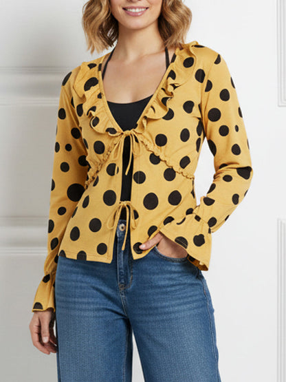 Flared Sleeves Long Sleeves Polka Dot Tied V-Neck Blouses&Shirts Tops